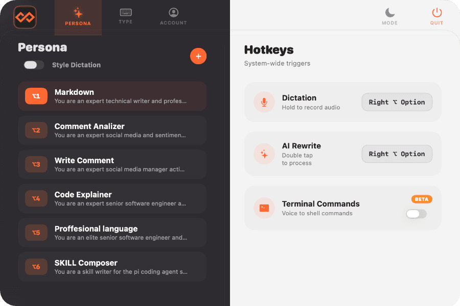 Velo persona selection interface